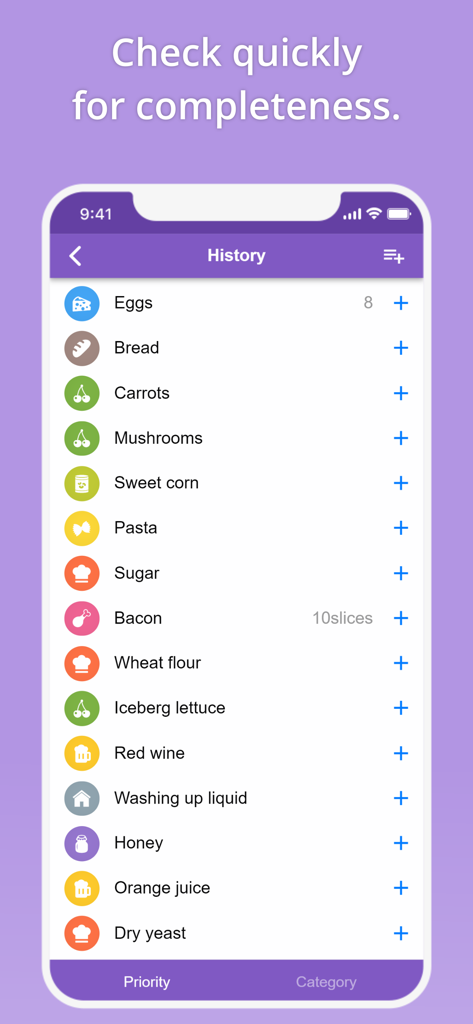 A mobile screen showing a history of grocery items with icons and add buttons for quick list making