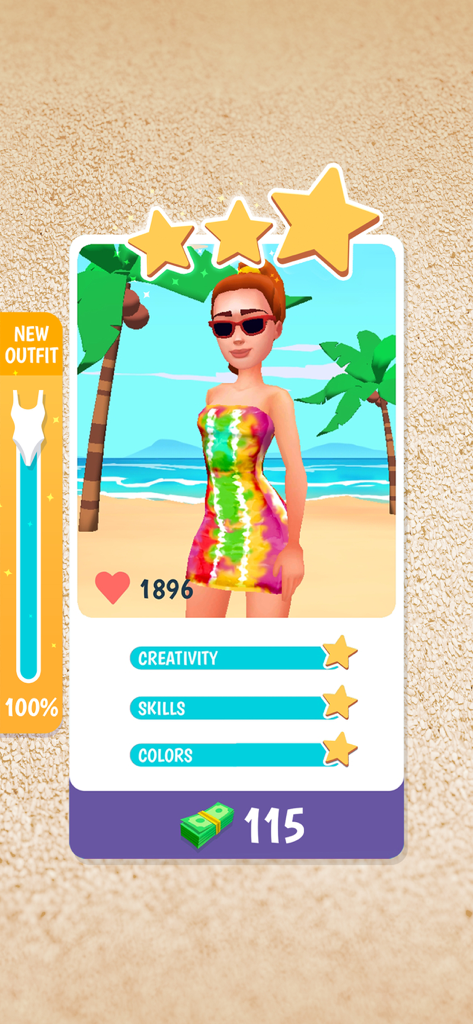 Tie Dye - Un modelo de personaje vistiendo un vestido tie-dye colorido sobre un fondo de playa tropical con una calificación de tres estrellas.