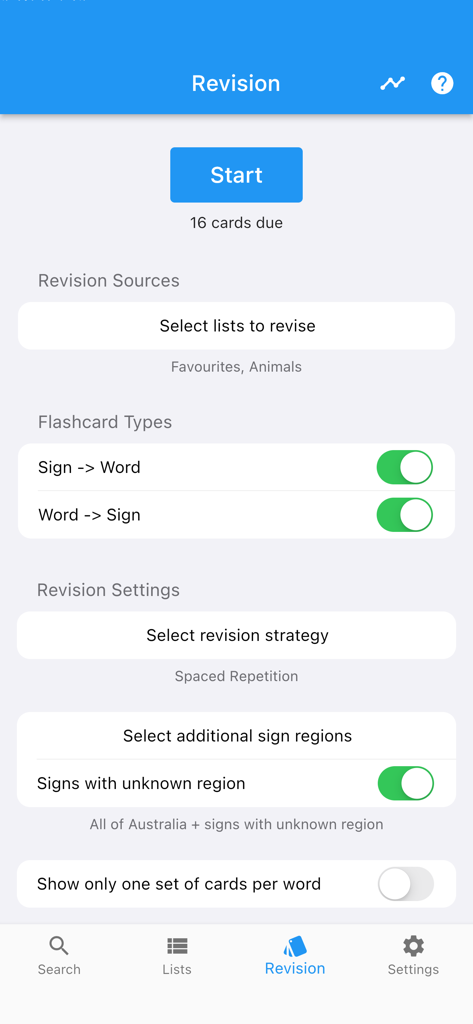 Flashcard revision settings for learning Australian Sign Language in the Auslan Dictionary app