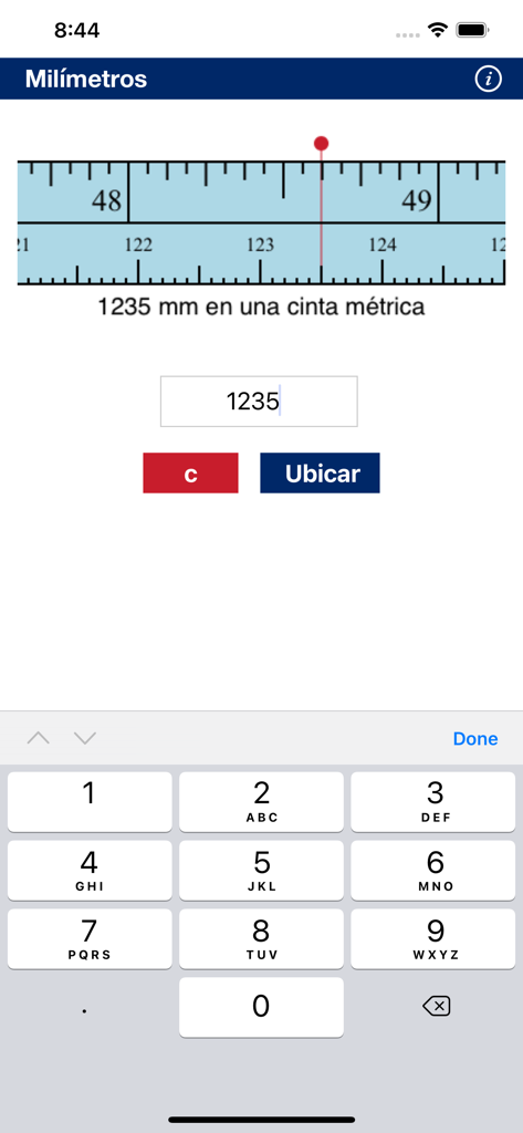 Cinta métrica - Cinta metrica app interface showing a tape measure and millimeter input field