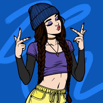 realistic teenage girl with braids and a beanie and crop top doing 🫶🏼