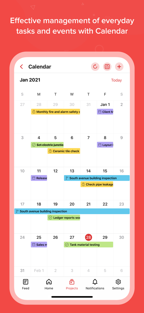 Zoho Projects Work Management - Zoho Projects mobile app calendar view showing monthly scheduled tasks and events.