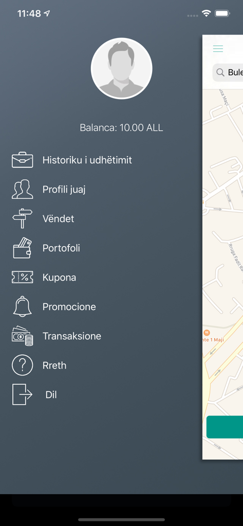 UP's Taxi - Menu de navegação lateral do aplicativo móvel UP's Taxi mostrando configurações de conta do usuário e recursos