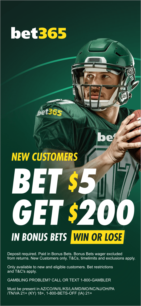bet365 - Sportsbook & Casino - New customer offer for bet365 sportsbook featuring a football player and a bet 5 get 200 in bonus bets promotion.