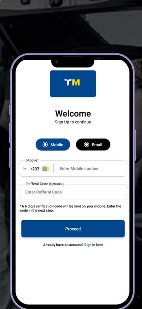 Pantalla de bienvenida y registro de la aplicación TripMaster con entrada de número de teléfono móvil para Camerún