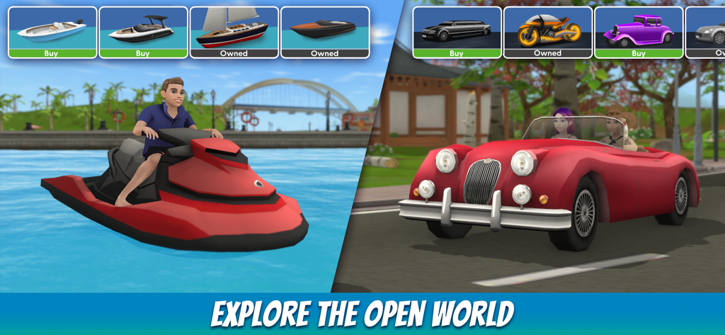 Virtual Sim Story: Life & Home - Personagem masculino em um jet ski vermelho e personagens femininas em um carro vermelho vintage com menu de seleção de veículos em Virtual Sim Story.
