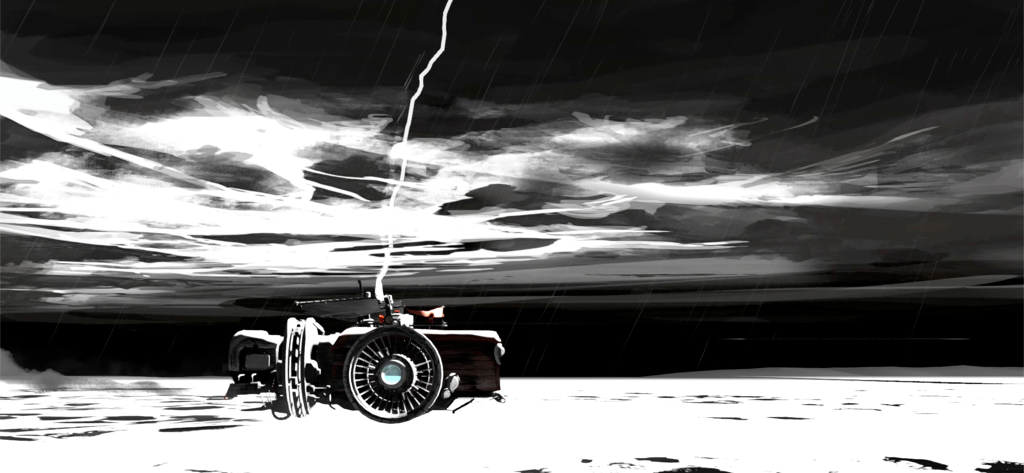 A high-contrast black and white atmospheric scene of the land-ship vessel under a lightning strike in FAR Lone Sails.