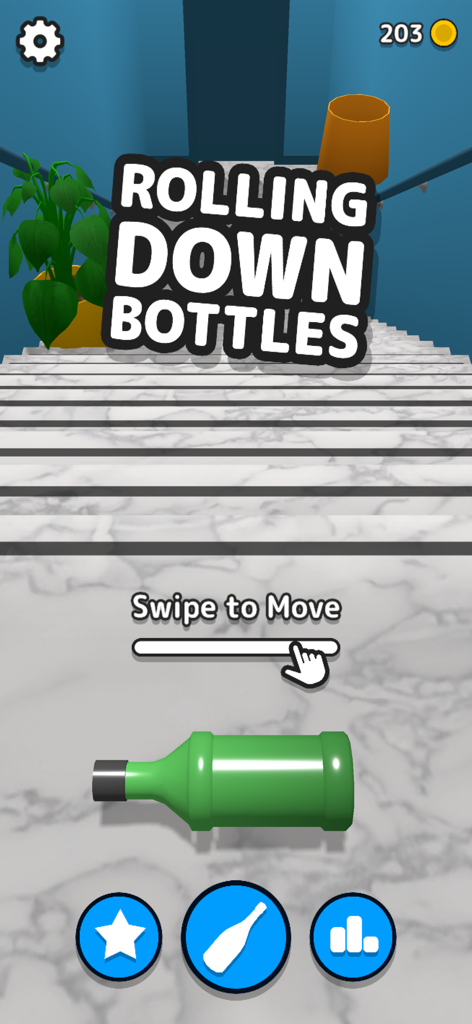 Rolling Down Bottles - Gameplay screen of Rolling Down Bottles showing a green bottle at the top of marble stairs