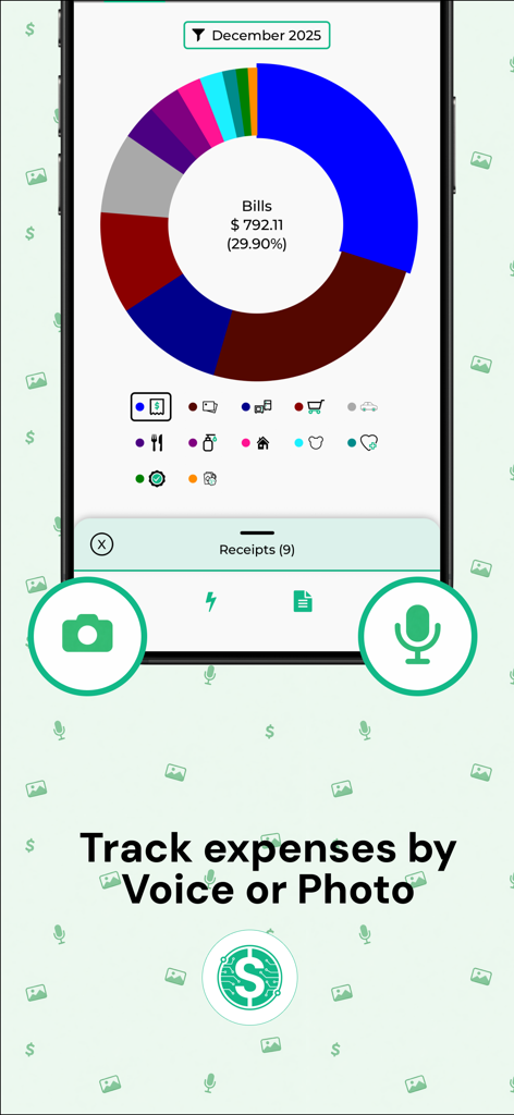 Bill Organizer - BudgetAI - Bill Organizer app interface showing an expense pie chart and icons for voice and photo input