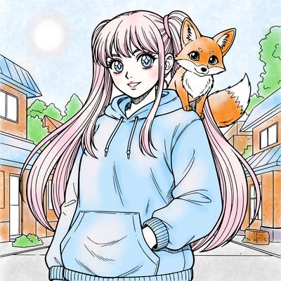 woman with long pigtails and bangs wearing a hoodie