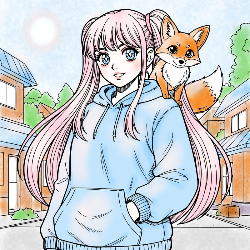 woman with long pigtails and bangs wearing a hoodie