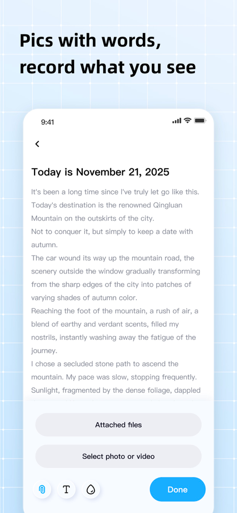 Leaflet app interface showing a minimalist journal entry with options to attach photos and videos.