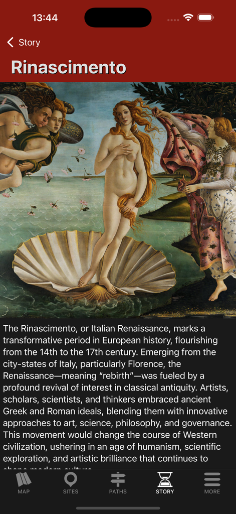 Florence Tour - Travel Guide - Captura de pantalla de la aplicación Florence Tour que muestra una página de historia sobre el Renacimiento con la pintura El Nacimiento de Venus