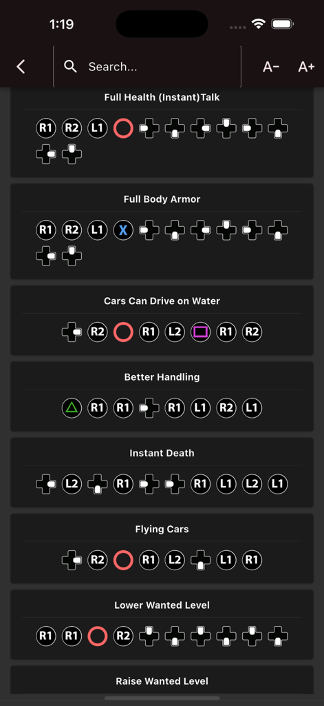 List of GTA Vice City cheat codes for PlayStation showing button sequences for health and armor