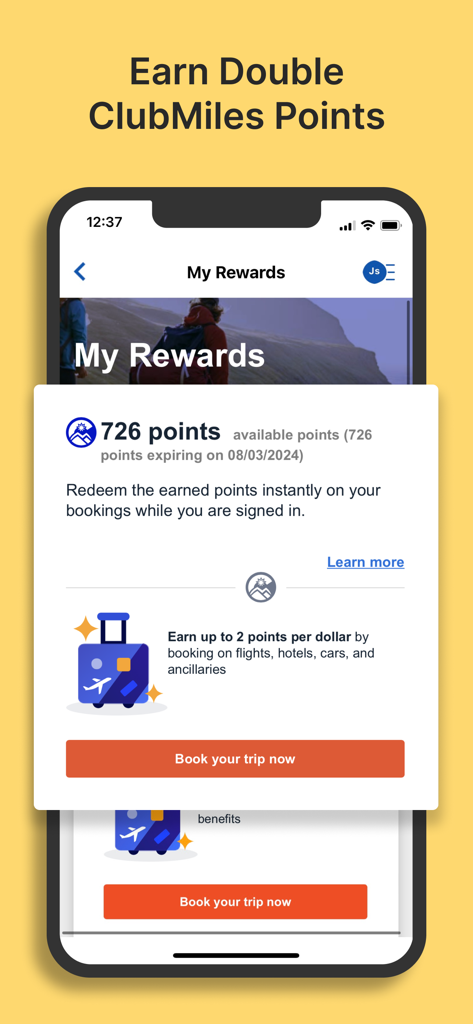 OneTravel Flight & Hotel Deals - Pantalla de la aplicación OneTravel que muestra puntos de recompensa ClubMiles y beneficios de reserva de viajes