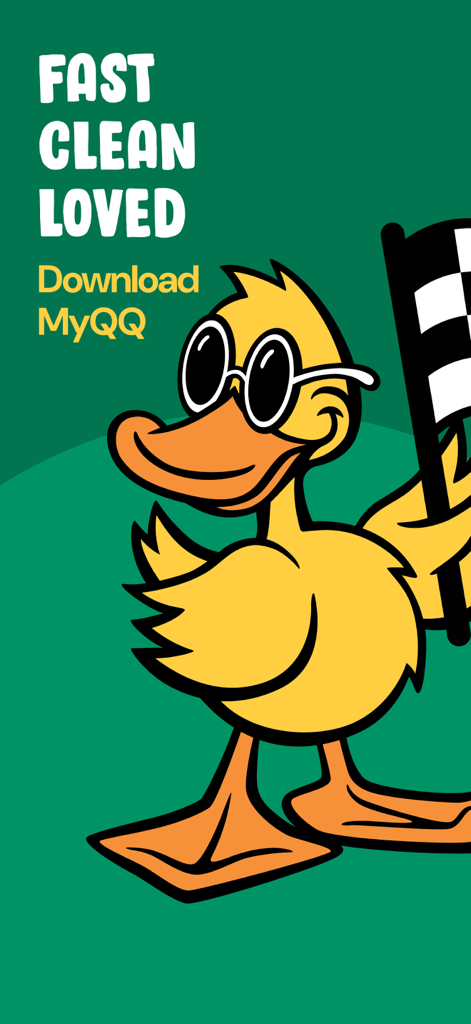 Yellow duck mascot with sunglasses holding a checkered flag for the Quick Quack car wash app