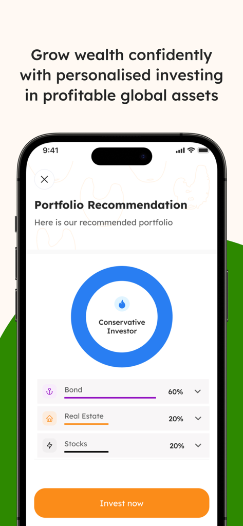 Pantalla de la aplicación Ladda que muestra una cartera de inversión recomendada para un inversor conservador con una combinación de bonos, bienes raíces y acciones.