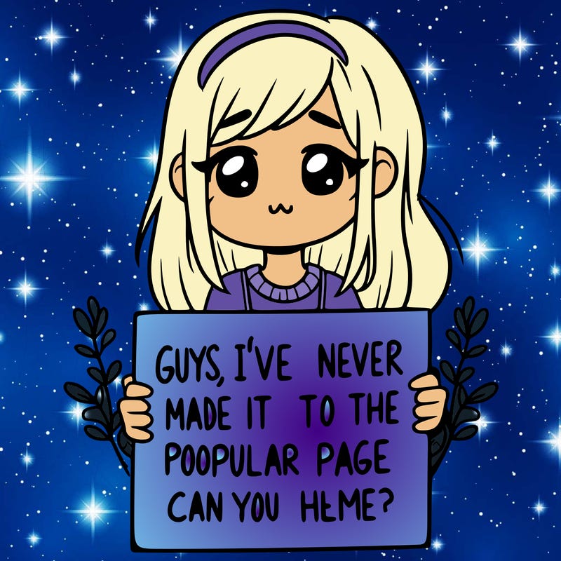 a girl holding up a sign that says, guys, i’ve never made it to the popular page, can you help me?