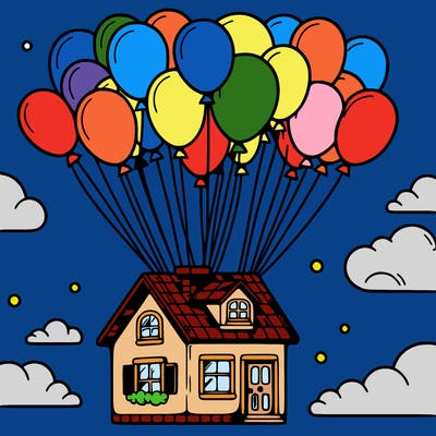 house floating from lots of balloons