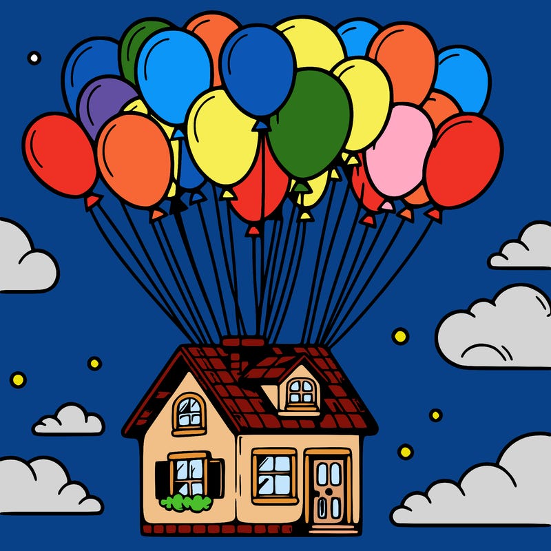 house floating from lots of balloons