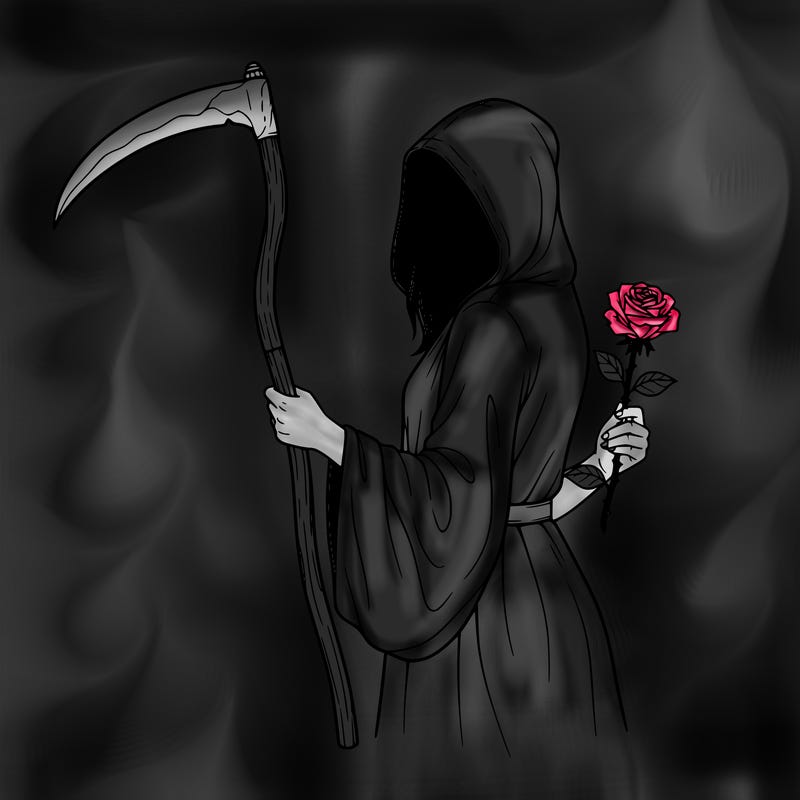 teenage girl with hood over her face and  scythe in her right hand and a rose in her left hand
