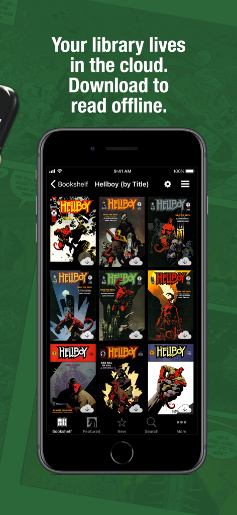 Dark Horse Comics app displaying a digital bookshelf of Hellboy comics with offline download options