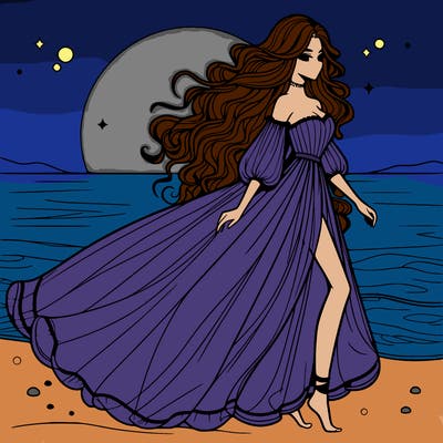 beautiful woman with a vaporous long dress walking on the beach at the noon, detailed art