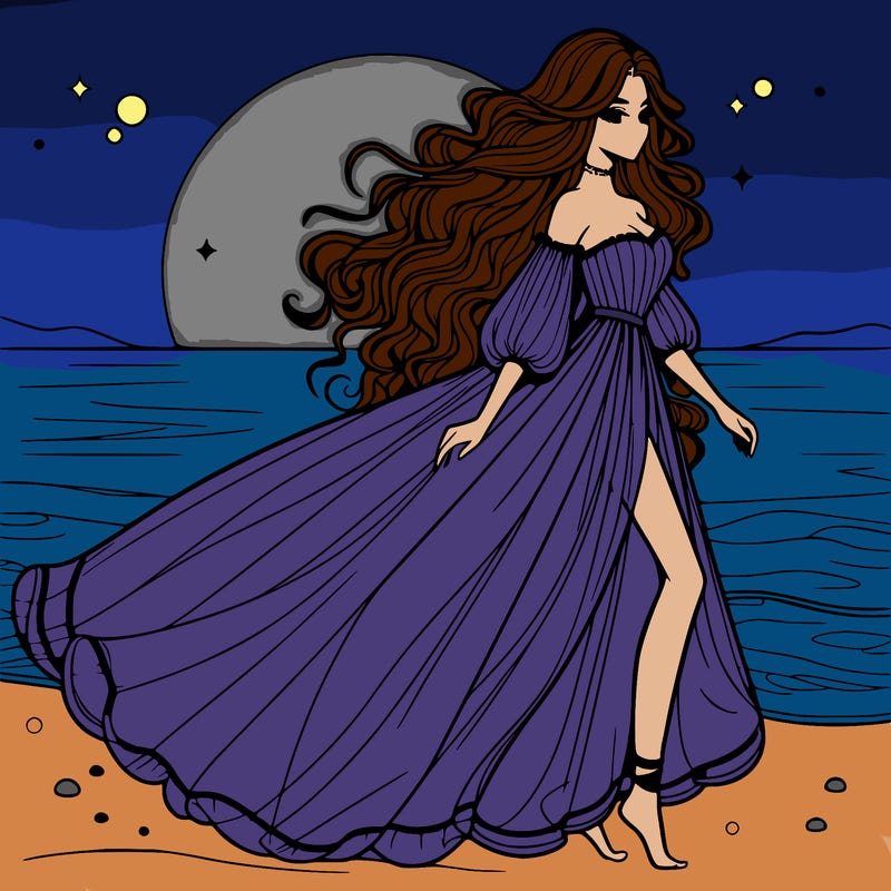 beautiful woman with a vaporous long dress walking on the beach at the noon, detailed art