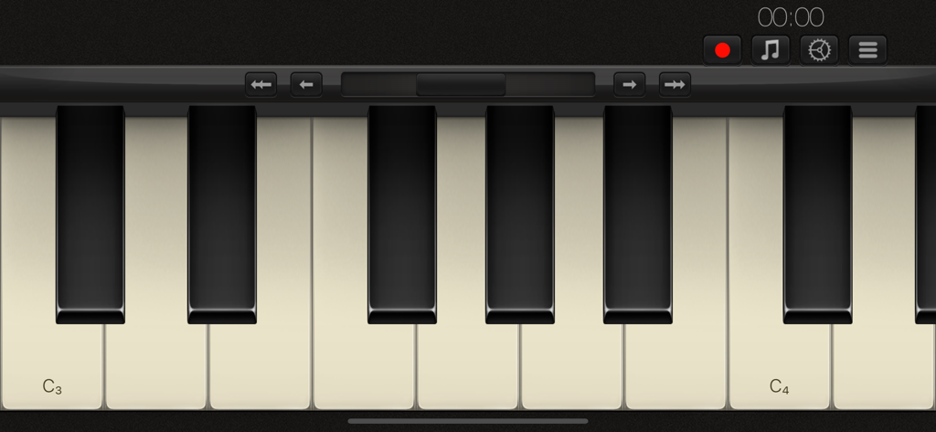 Grand Piano ∞ - Virtual piano keyboard interface with octave labels and recording tools