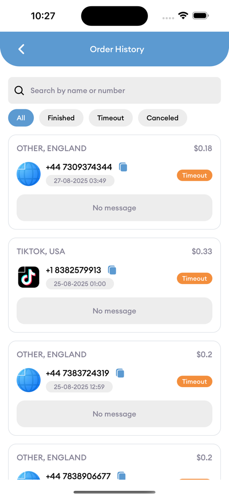 Order history screen in the SMS Virtual app displaying a list of purchased virtual phone numbers for the USA and England with transaction statuses.