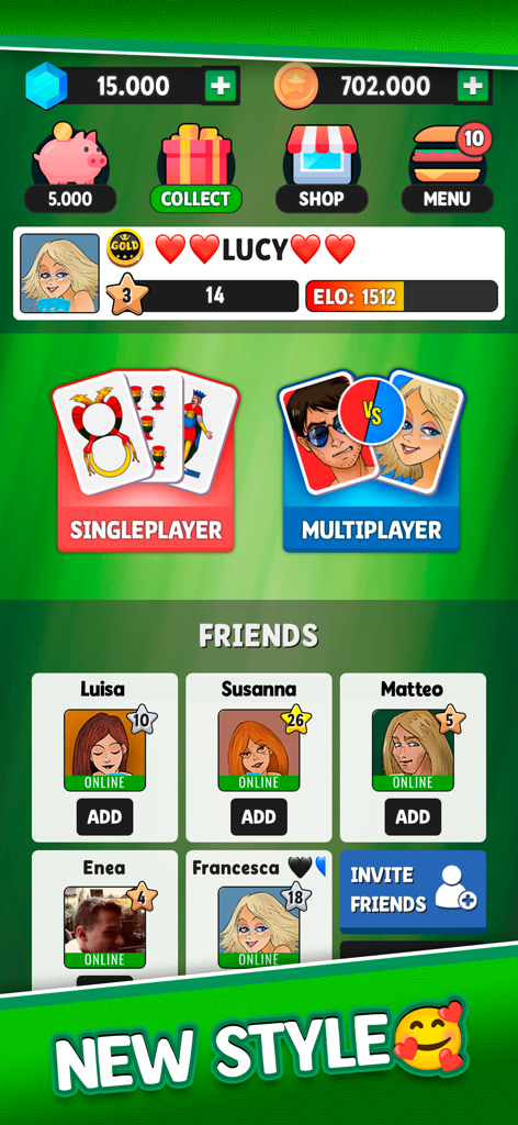 Schermata principale dell'app Briscola Piu che mostra le modalità di gioco per giocatore singolo e multigiocatore e un elenco di amici online.