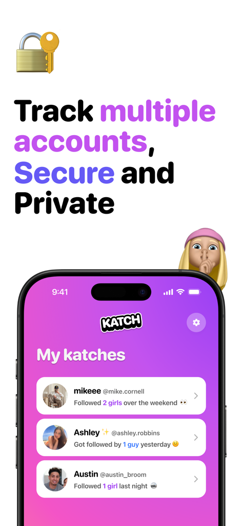 Katch: Recent Follow Tracker - Panel de la aplicación Katch rastreando múltiples cuentas de Instagram de forma segura y privada, mostrando actividad de seguidores recientes