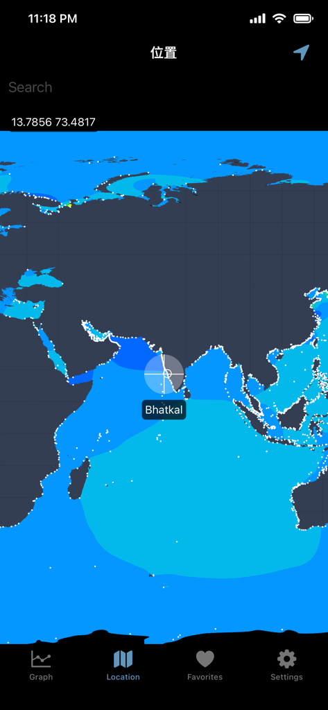 World map showing global tide prediction stations in the World Tides 2026 app interface.