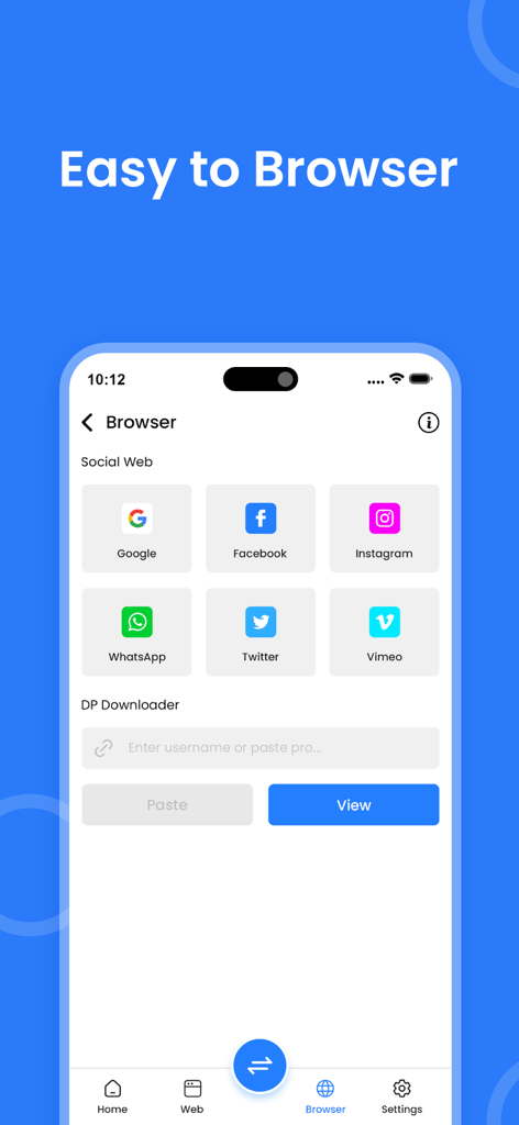 Quick Share : FIle Transfer - Quick Share app browser screen with shortcuts to social media platforms and a downloader tool