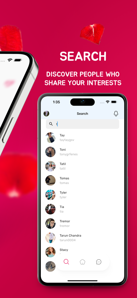 Krushley: AI Dating - Search interface of Krushley dating app to discover people who share interests