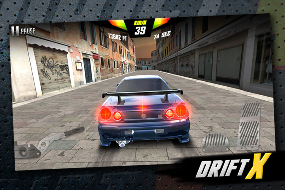 Drift X - Un coche deportivo azul corriendo por una calle de la ciudad en el juego móvil Drift X