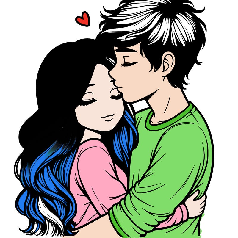 a realistic couple boy and girl hugging and kissing