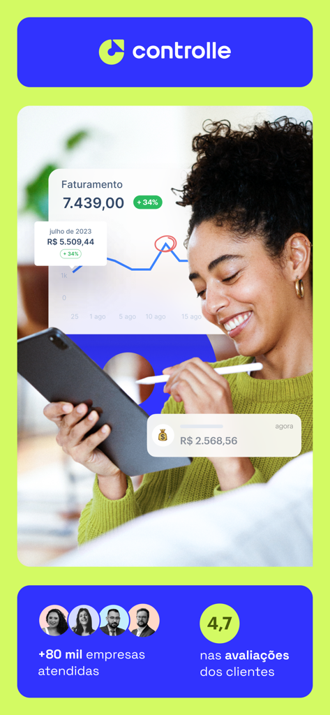 Empreendedor usando o aplicativo de finanças empresariais Controlle em um tablet com gráficos financeiros e altas avaliações de usuários