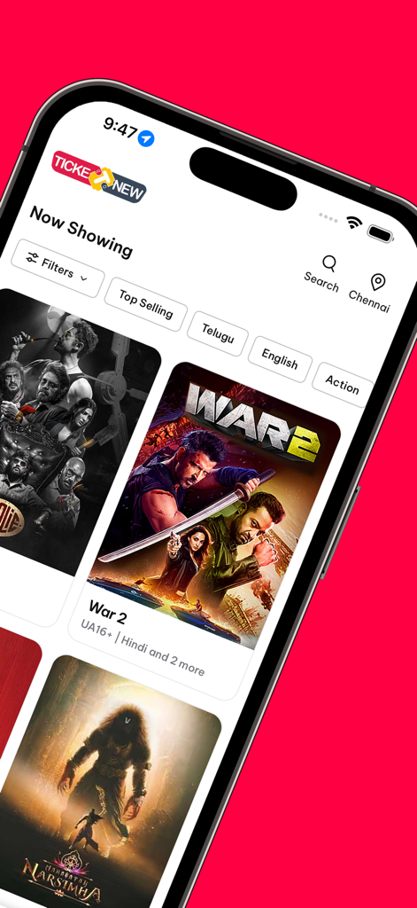 TicketNew app interface showing the Now Showing screen with Indian movie posters.