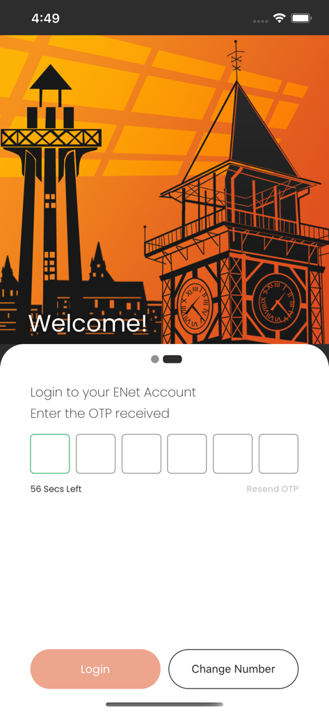 My ENet - My ENet app login screen with OTP verification and Guyanese landmark illustration