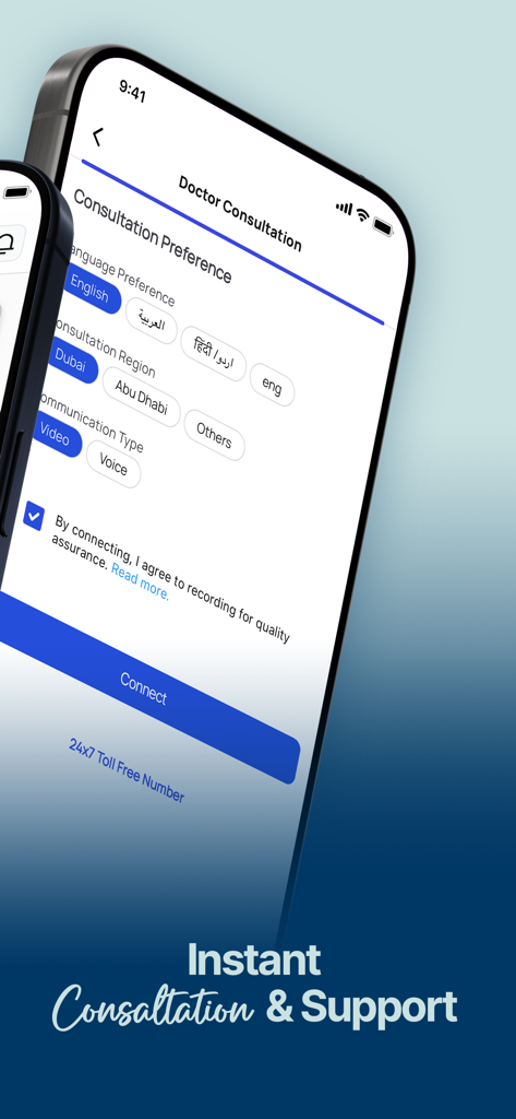 A mobile interface for the TruDoc app showing doctor consultation preferences including language options, region selection, and communication type for instant medical support.