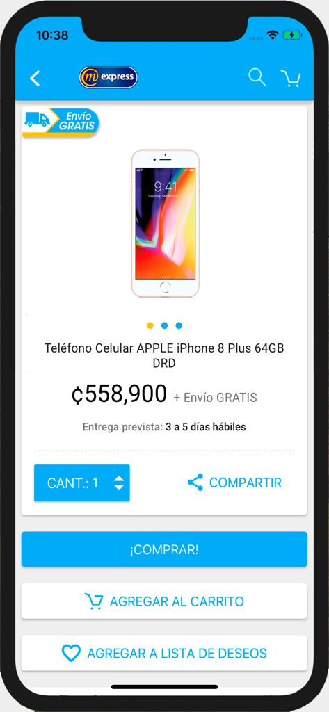MExpress - Product page of the MExpress app showing an iPhone 8 Plus with price in colones and free shipping.