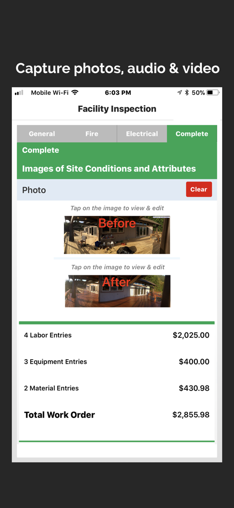Captura de pantalla de la aplicación móvil que muestra un formulario de inspección de instalaciones con fotos del sitio antes y después, y un resumen del costo total de la orden de trabajo