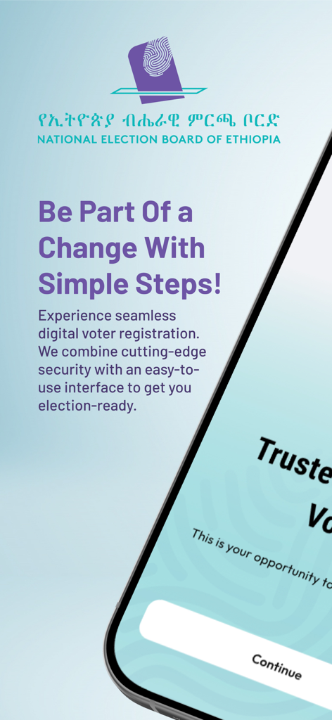 Mirchaye app onboarding screen showing the National Election Board of Ethiopia logo and digital voter registration introduction.