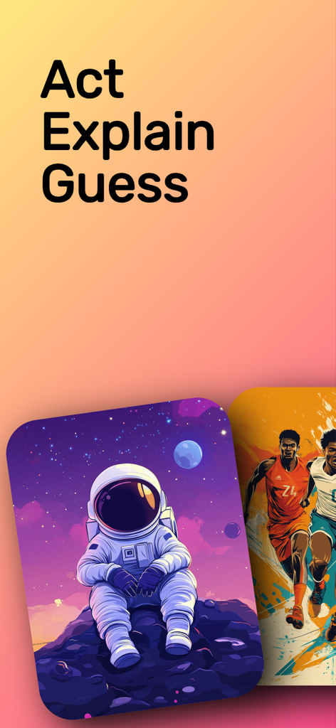 Hands Up! Charades Headbands - Hands Up Charades app screen showing the gameplay steps Act Explain Guess alongside colorful category cards featuring an astronaut and sports players