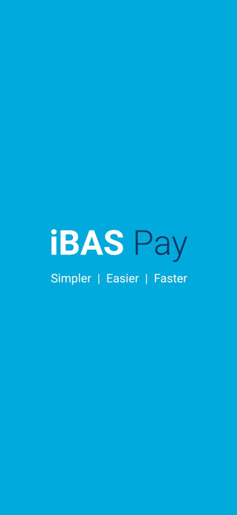 iBAS Pay - Splash screen for the iBAS Pay app with the logo and the slogan Simpler Easier Faster on a blue background