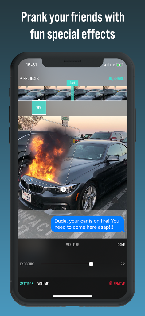 Videorama Text & Video Editor - Videorama app interface showing a fire special effect being added to a car for a prank video