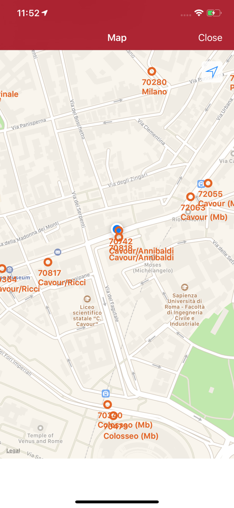 Map view of the Bus Roma app showing bus stops in Rome