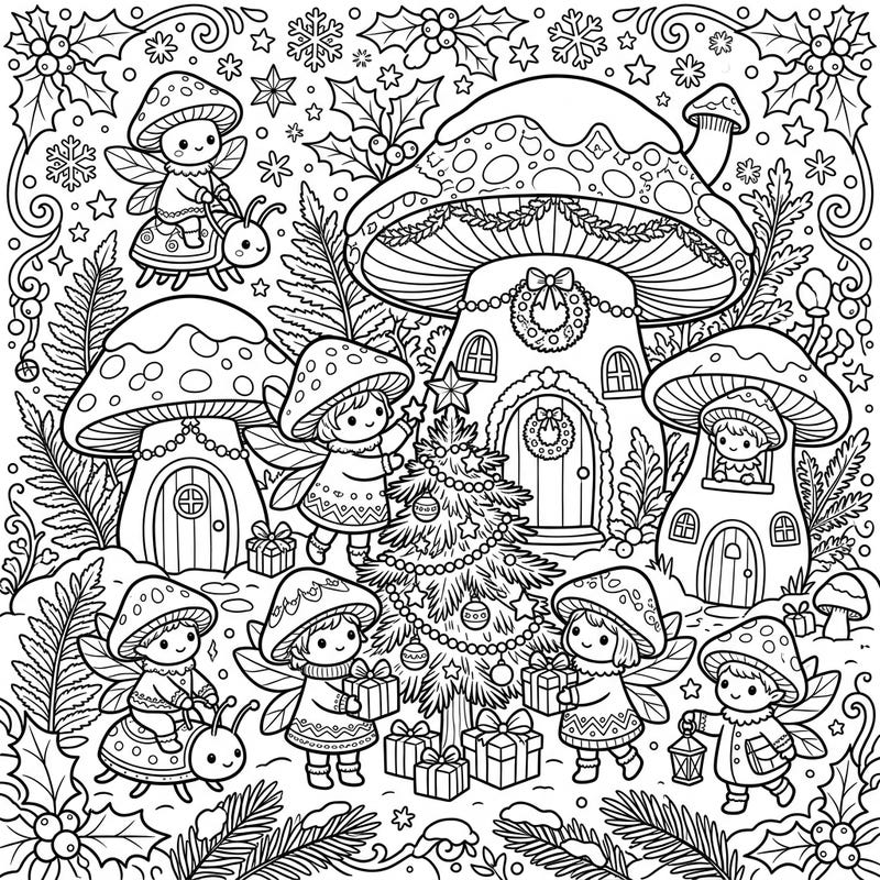 Immerse yourself in a magical Christmas forest with this delightful coloring page featuring adorable mushroom fairies. Discover a charming scene of festive preparations, complete with decorated mushroom homes and sparkling holiday cheer.