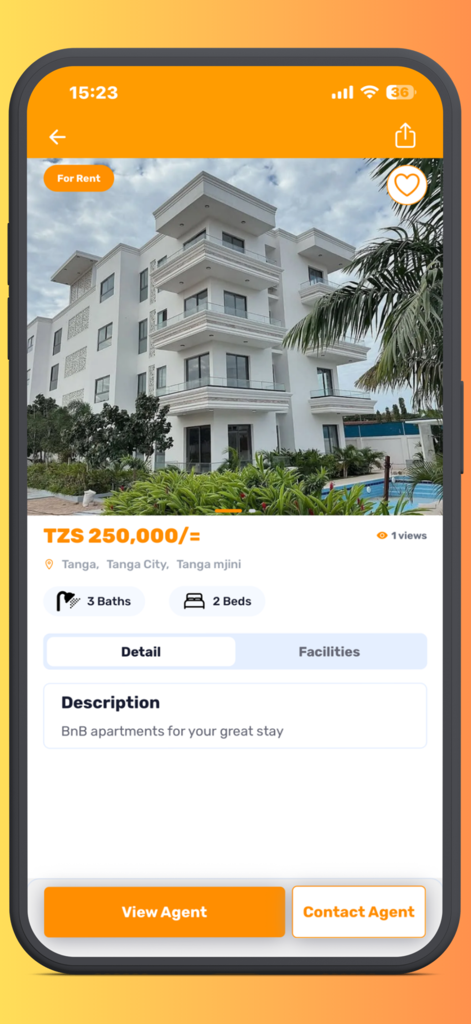 Dalali Connect - Modern apartment for rent listed on the Dalali Connect app showing property details and agent contact buttons
